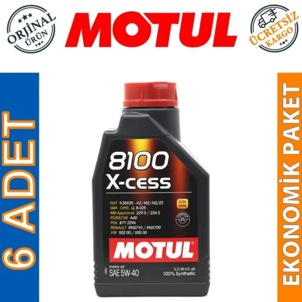 Motul 8100 X-Cess 5W40 1 Lt Tam Sentetik Motor Yağı (6 Adet)
